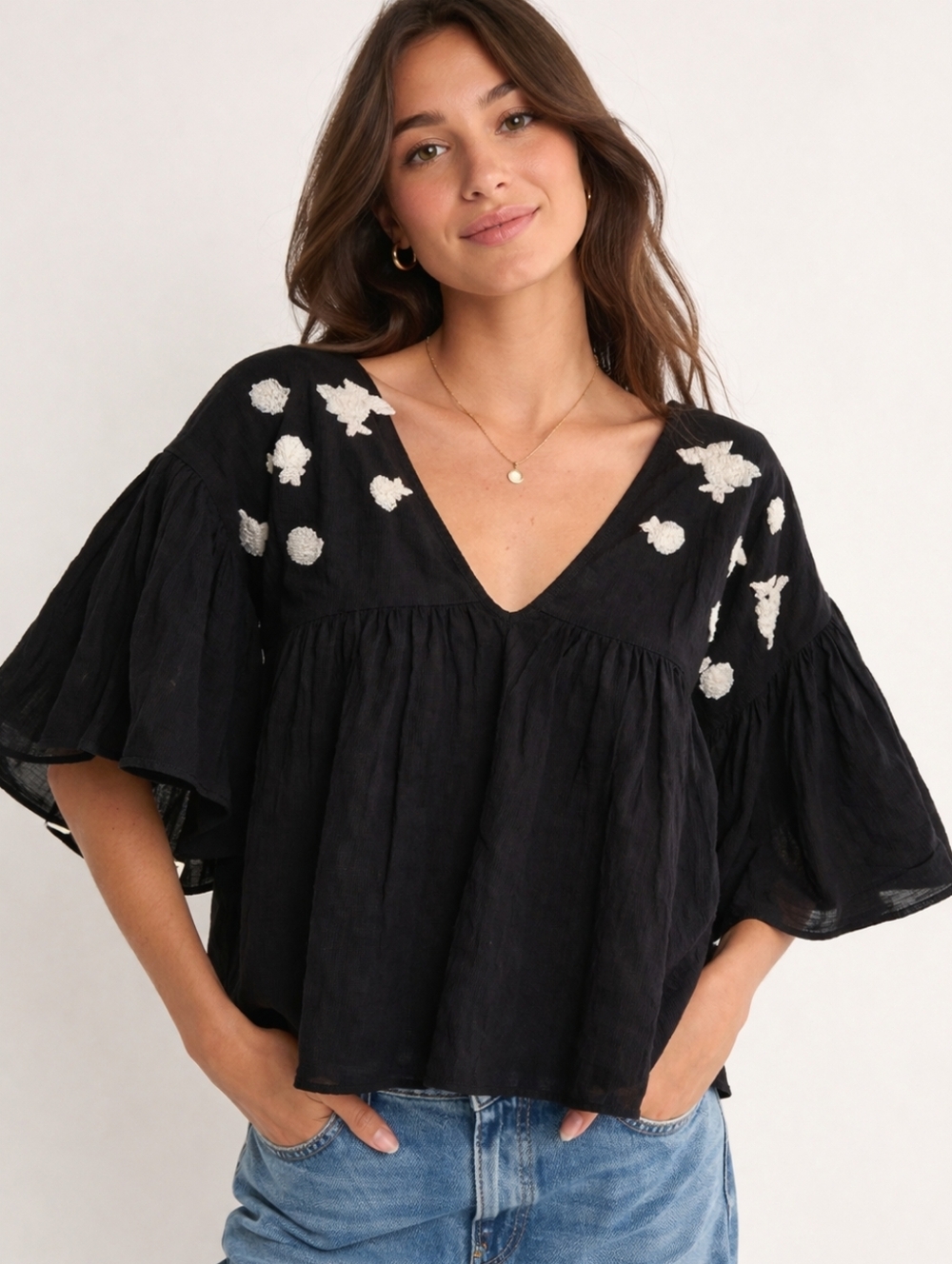 Maeve Anthropologie Black Embroidered Blouse Boho V Neck Bell Sleeve Top Sz XS